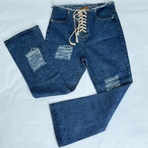 NWOT POL Front Lace Up Distressed High Waisted Flare Wide Leg Denim Jeans Boho